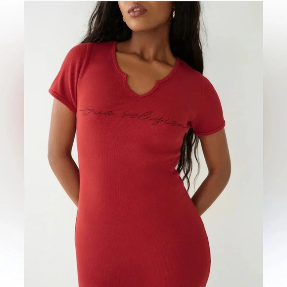 TRUE RELIGION Red‎ Dahlia Crystal Script V Notch Dress Small New with Tags - Picture 1 of 10